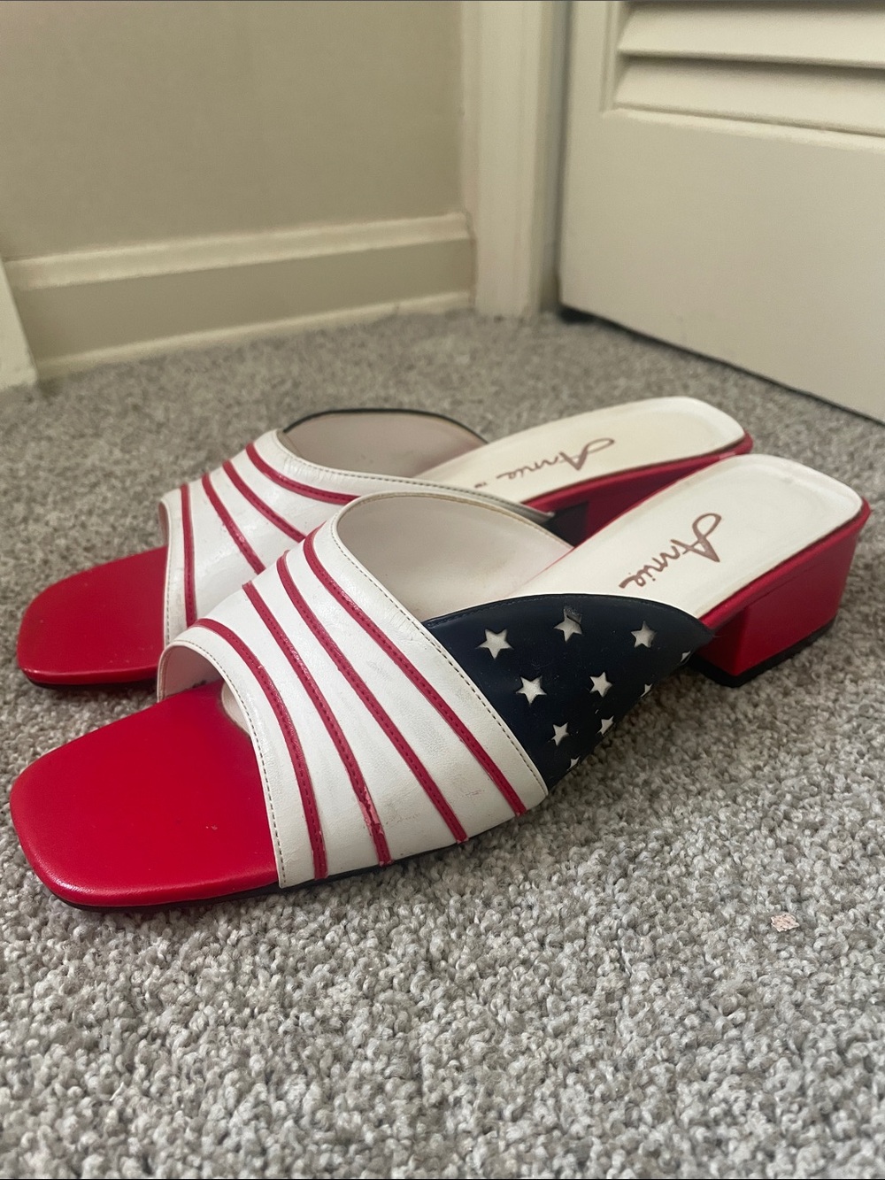 Vintage Arnie Stars and Stripes Slide Mules Sz 10 Red, white and Blue Block heel